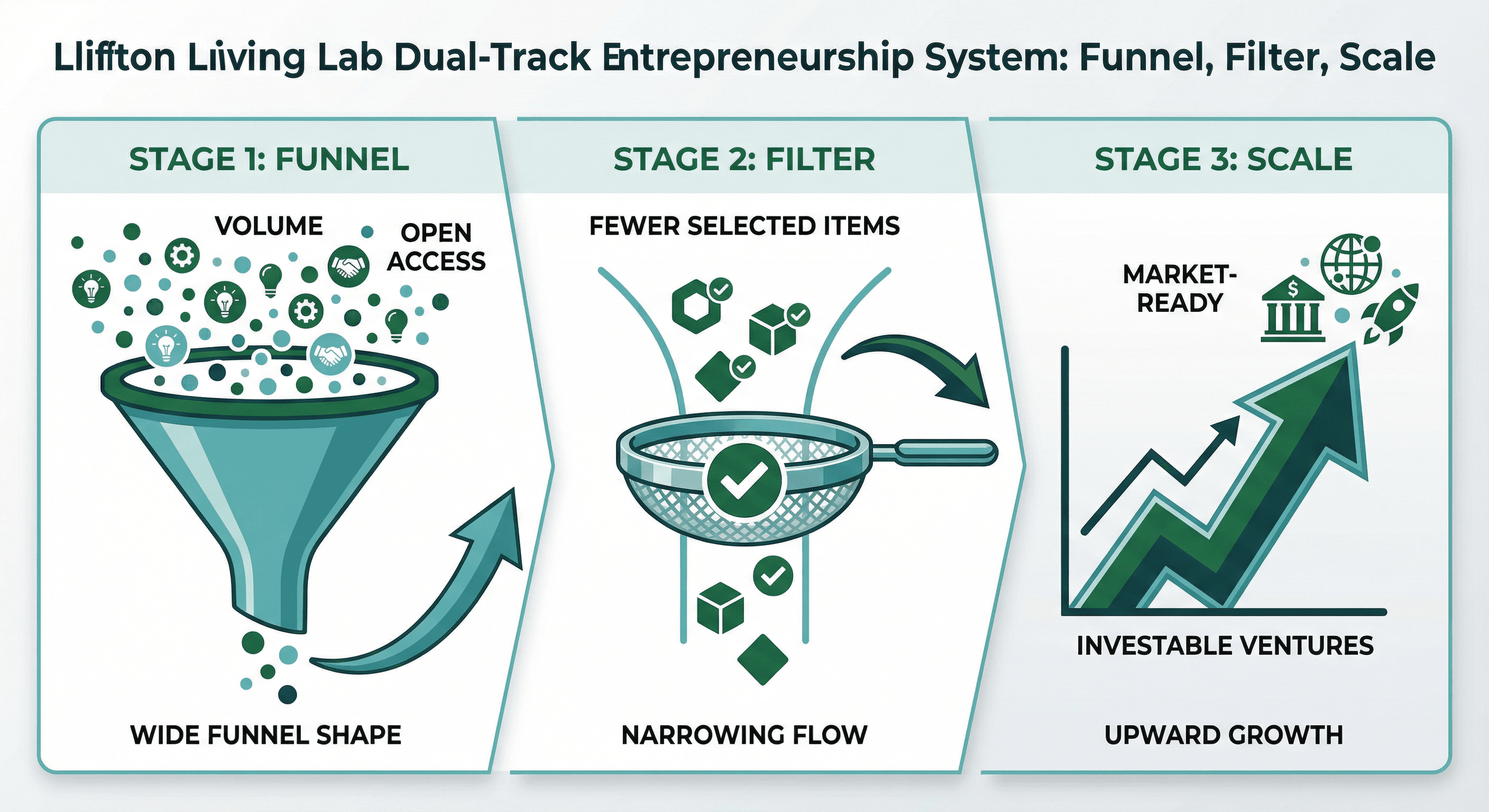 Funnel, filter, scale — dual-track entrepreneurship model